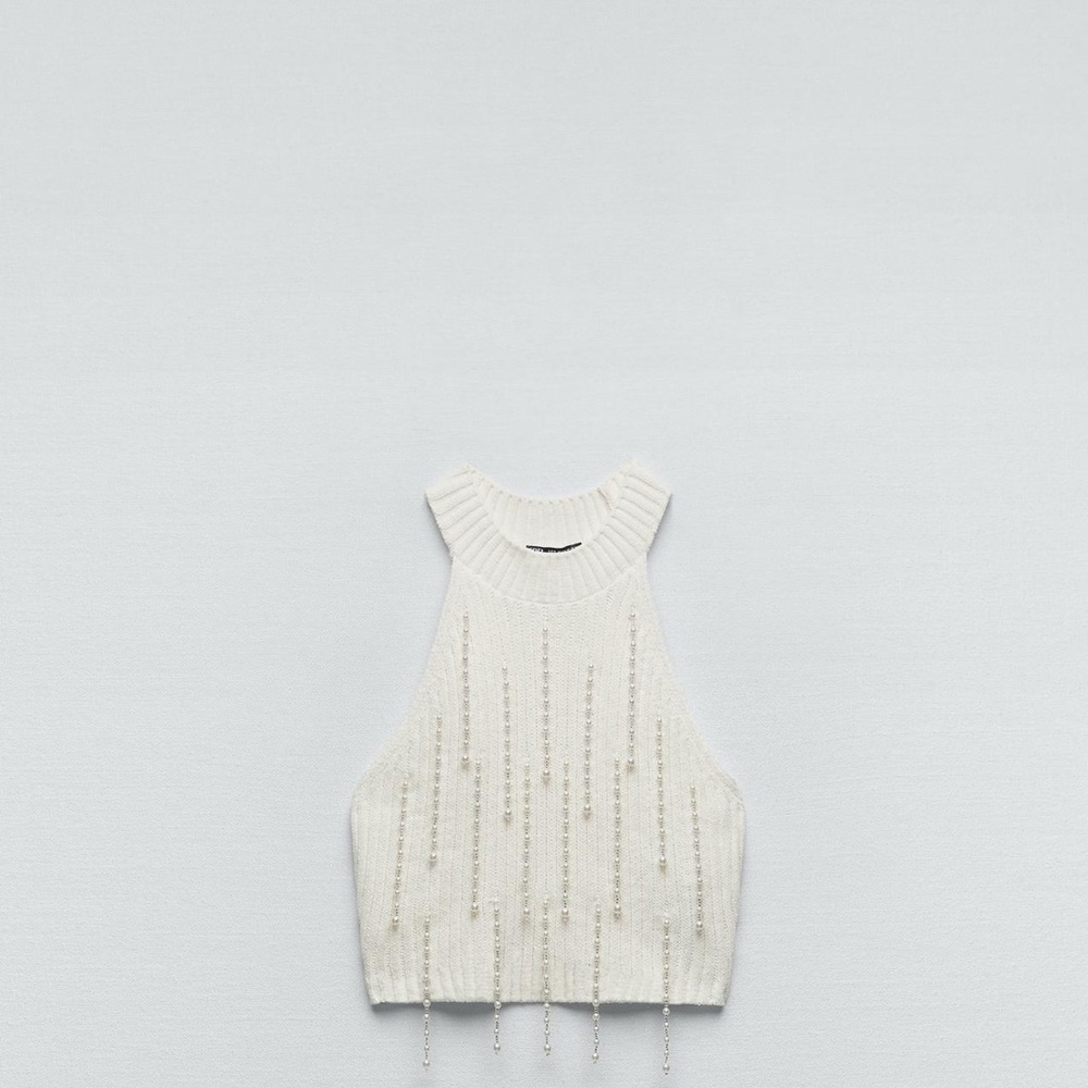 Zara White Beaded Crop Top